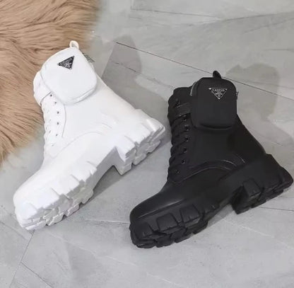 Women's Leather Oxford Motorcycle Boots – Lace-Up Platform Wedge Shoes in White, Black, and Rinse