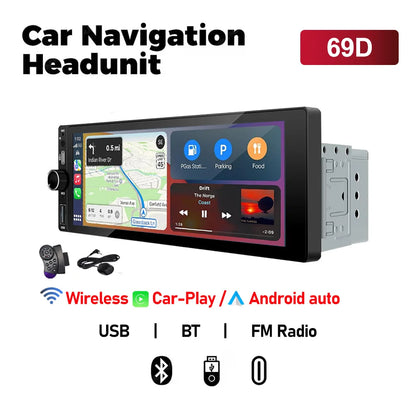 XIMA 6.9-Inch 1Din Car Stereo with Wireless CarPlay - Android Auto, Bluetooth, MP5, FM, USB & IPS Touchscreen