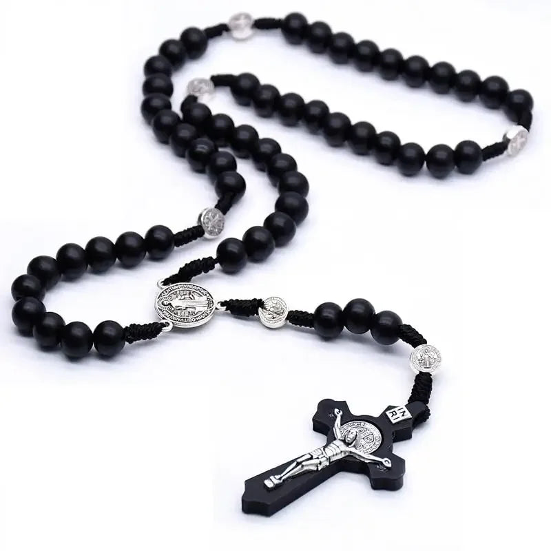 Antique Black Wooden Rosary Car Pendant – Jesus Saint Benedict Cross Beaded Hanging Religious Jewelry for Men & Women