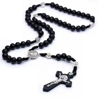 Antique Black Wooden Rosary Car Pendant – Jesus Saint Benedict Cross Beaded Hanging Religious Jewelry for Men & Women