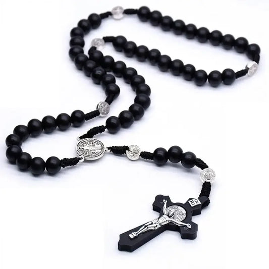 Antique Black Wooden Rosary Car Pendant – Jesus Saint Benedict Cross Beaded Hanging Religious Jewelry for Men & Women