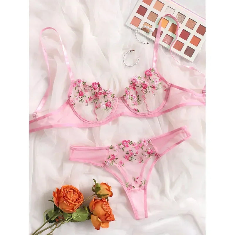 Sexy Lace Floral Lingerie Set for Women — Transparent Bra & Underwear Party Set, Sizes S-XL