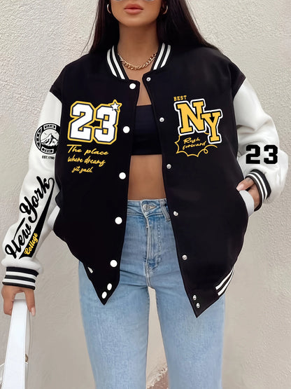 New York 23 Letter Print Women’s Harajuku Fleece Baseball Jacket – Vintage Button-Up Loose Streetwear Jersey Coat