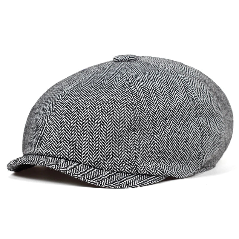 Men's Retro Newsboy Cap - Octagonal Flat Hat with Herringbone Design, British Painter Style Beret for Autumn and Winter