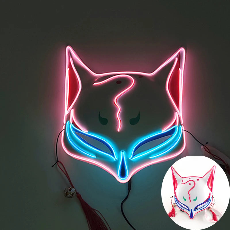 Glowing LED Fox Mask – Neon Japanese Anime-Inspired Samurai Cosplay Mask for Halloween, Christmas & Costume Parties