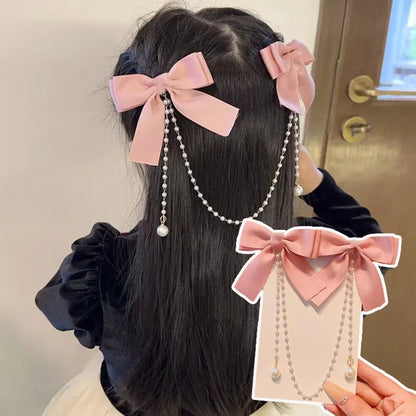 Sweet Princess Pink Pearl Bow Hair Clip – Cute Chain Hairpin for Women & Girls Back Head Fashion Hair Accessories