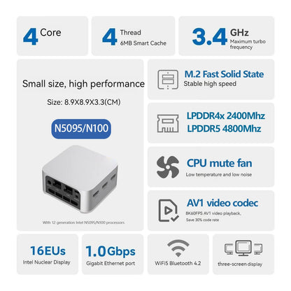 FIREBAT T8 Pro Plus Mini PC — Intel Celeron N5095/N100 Desktop, 8GB/16GB RAM, 256GB/512GB Storage, DDR4/DDR5, WiFi5 & BT4.2 Gaming Computer