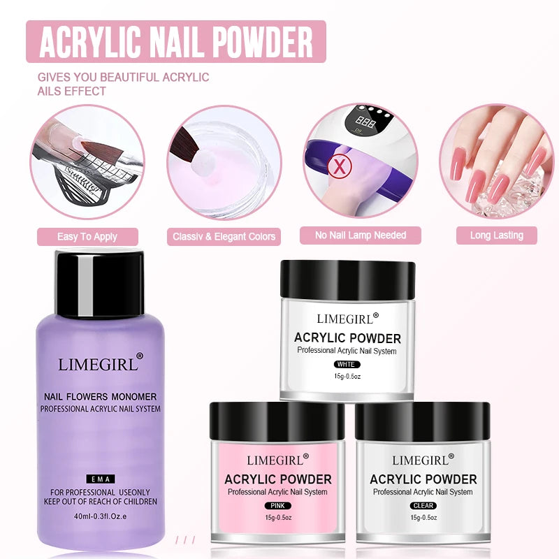 40ml Crystal Liquid & 45ml Acrylic Powder Set – Pink, White, Transparent Acrylic Powder Kit for Beginners Nail Art