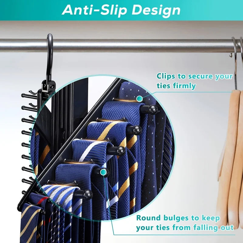 Rotating Tie & Belt Rack — Space-Saving Adjustable Holder with Non-Slip Clips for Home Storage