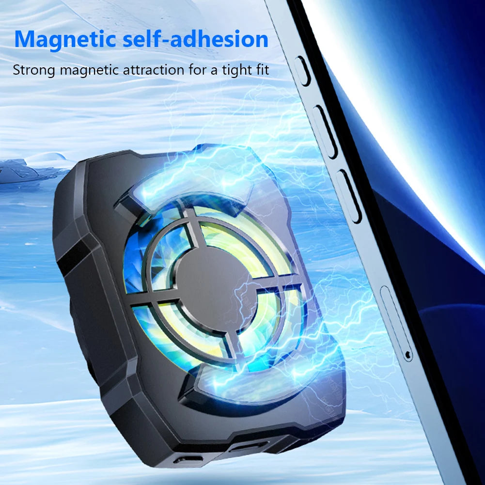 Portable Rechargeable Phone Cooler – Wireless Magnetic Cooling Fan with Blue Light & 3-Speed Adjustable Mobile Heat Radiator
