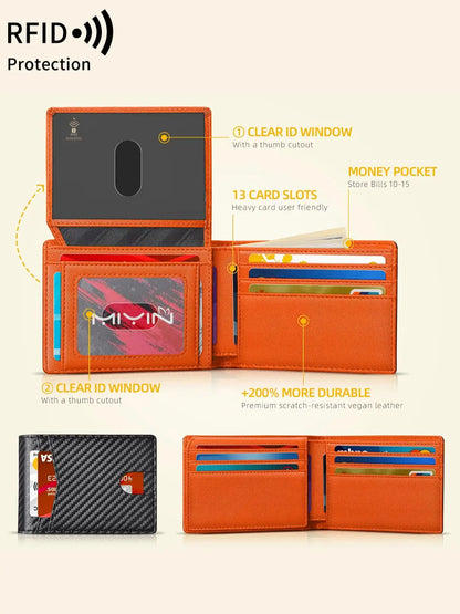 Carbon Fiber Minimalist Trifold Wallet for Men — Ultra-Thin RFID Wallet with ID Window, 13 Card Slots & Coin Holder