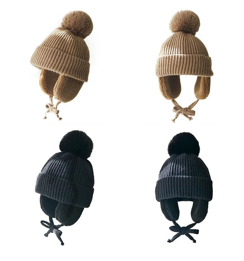 Winter Baby Beanie Hat with Pompom & Earflaps – Thick Wool Plush Knitted Cap for Girls & Boys, Ages 2-8T