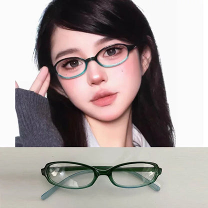 2024 Girls Y2K Retro Oval Glasses - Red & Green Frame, Anti-Blue Light Eyewear for Computer & Seaside Driving