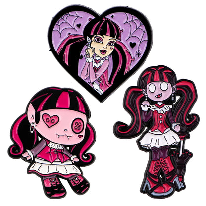 3-Piece Manga Girl Enamel Pin Set - Pink and Purple Metal Brooches for Backpacks, Collars, Lapels, and Collectors’ Gifts