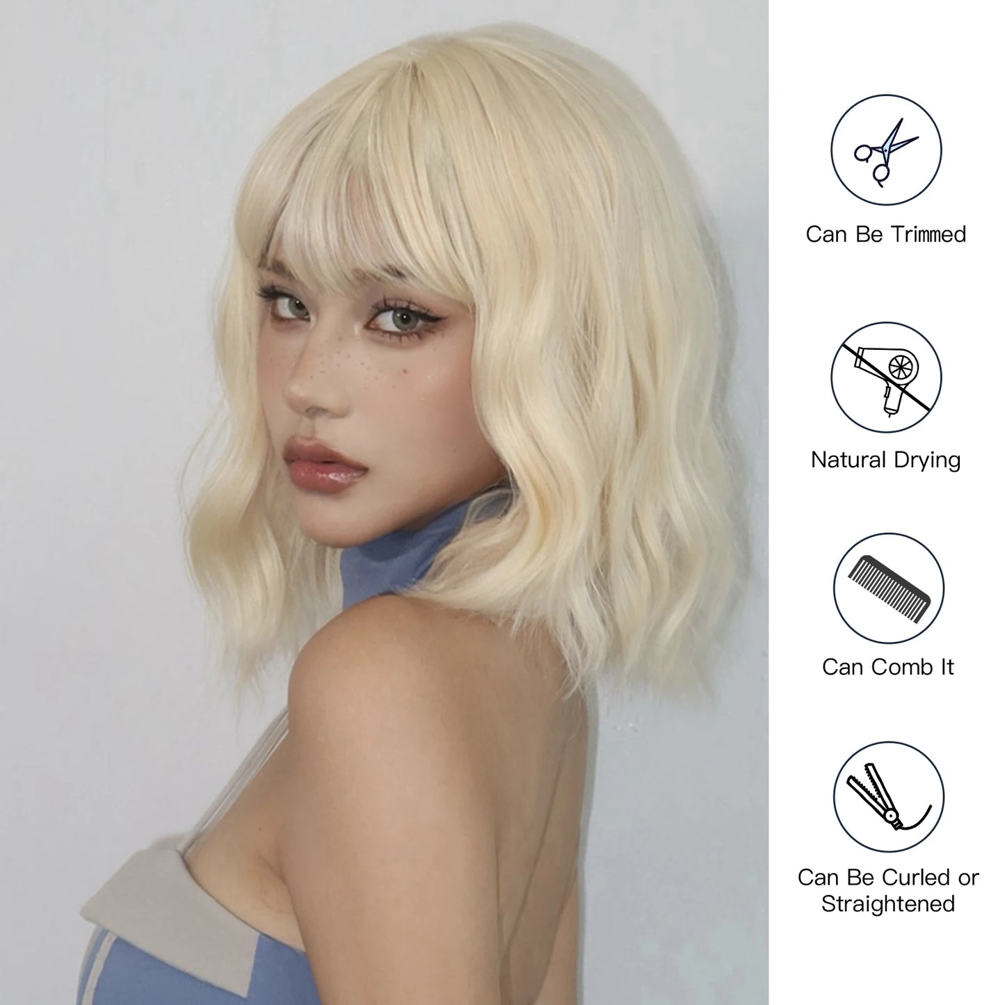 Blonde Short Curly Bob Synthetic Wig with Bangs – Platinum Golden Lolita Cosplay Wig for Women, Heat-Resistant for Daily & Party Use