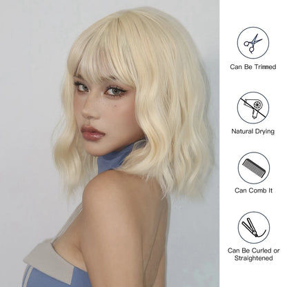 Blonde Short Curly Bob Synthetic Wig with Bangs – Platinum Golden Lolita Cosplay Wig for Women, Heat-Resistant for Daily & Party Use