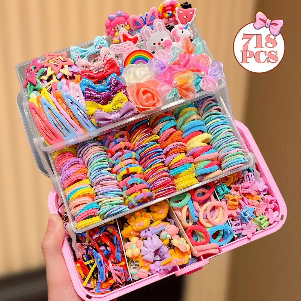 555Pcs Girls Hair Accessories Set - Colorful Butterfly Clips Elastic Bands & Hair Ties for Daily Ponytails and Styling