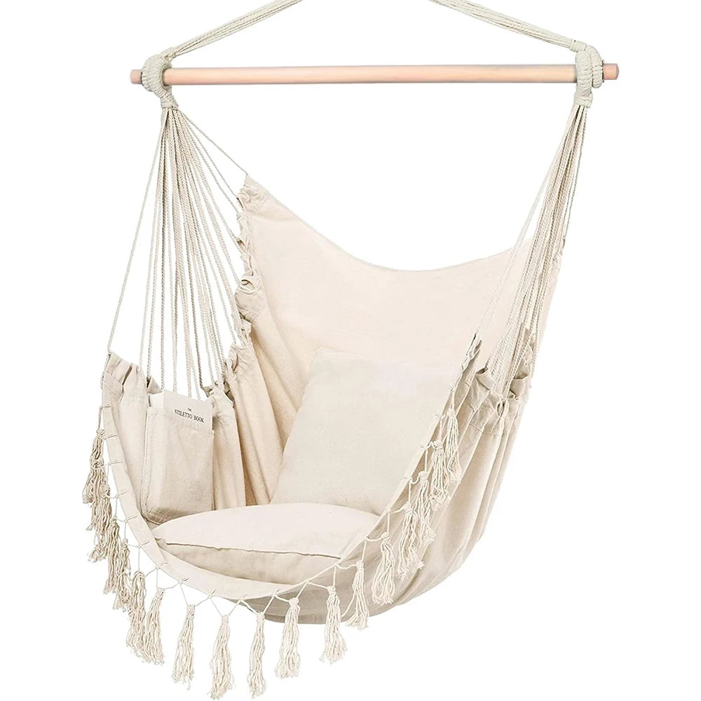 Macrame Hanging Chair with 2 Pillows – 500lb Cotton Rope Swing with Pocket Design for Indoor & Outdoor Use