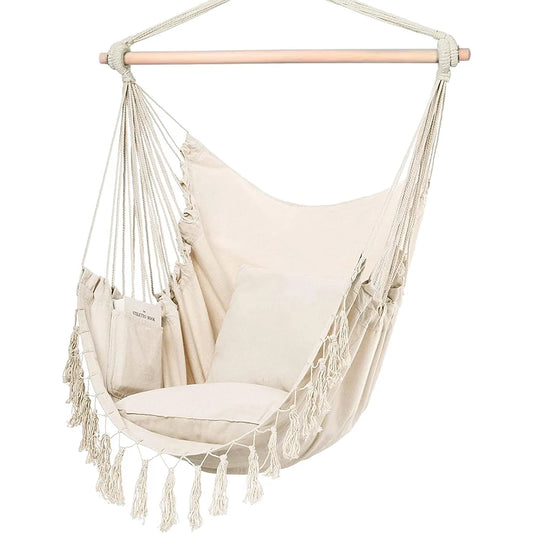 Macrame Hanging Chair with 2 Pillows – 500lb Cotton Rope Swing with Pocket Design for Indoor & Outdoor Use