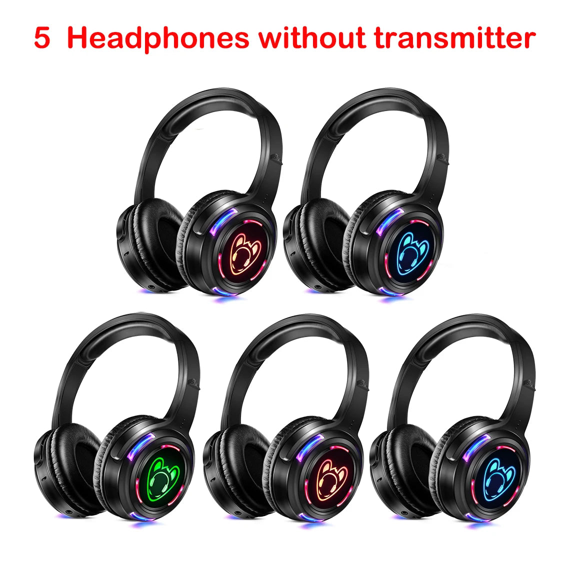 Silent Disco Complete System – Black LED Wireless Headphones Bundle with 5 Headsets & 1/2/3 Transmitters for Quiet Parties