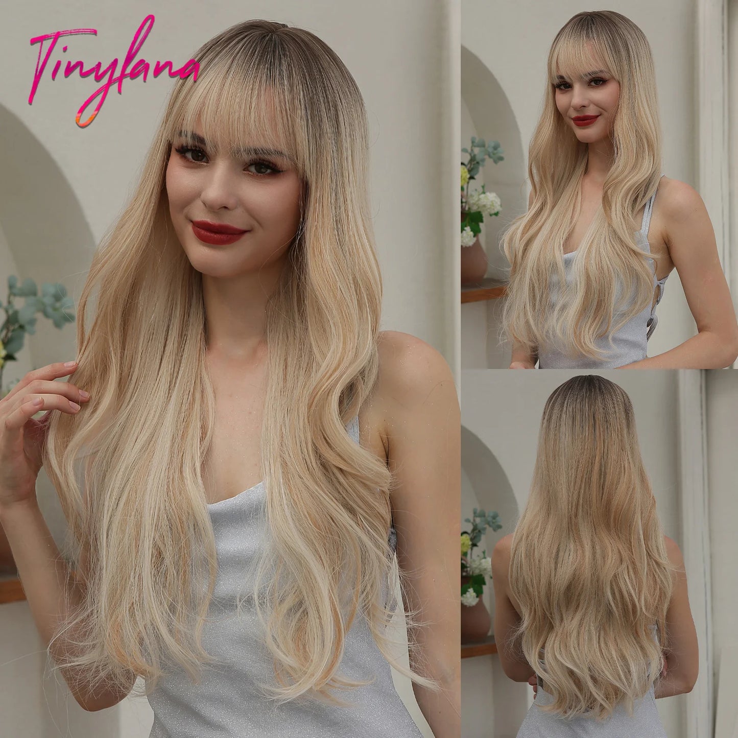 Long Blonde Wavy Synthetic Wig with Bangs – Lolita Cosplay & Halloween Heat-Resistant Wig for Women