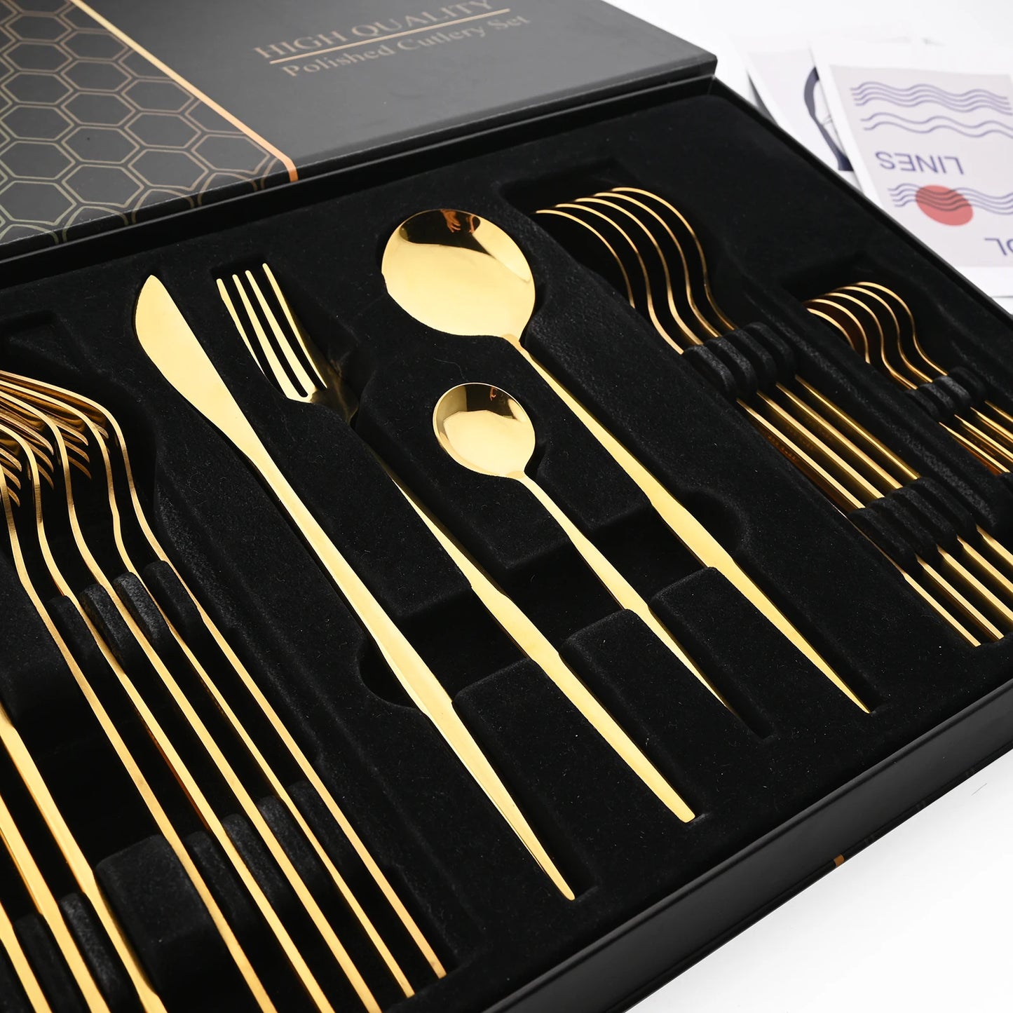 Drmfiy 24P Stainless Steel Cutlery Set - Knife Fork Spoon Flatware - Black Tableware Gift Box - Dishwasher Safe Dinnerware Kitchenware