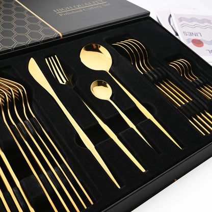 Drmfiy 24P Stainless Steel Cutlery Set - Knife Fork Spoon Flatware - Black Tableware Gift Box - Dishwasher Safe Dinnerware Kitchenware