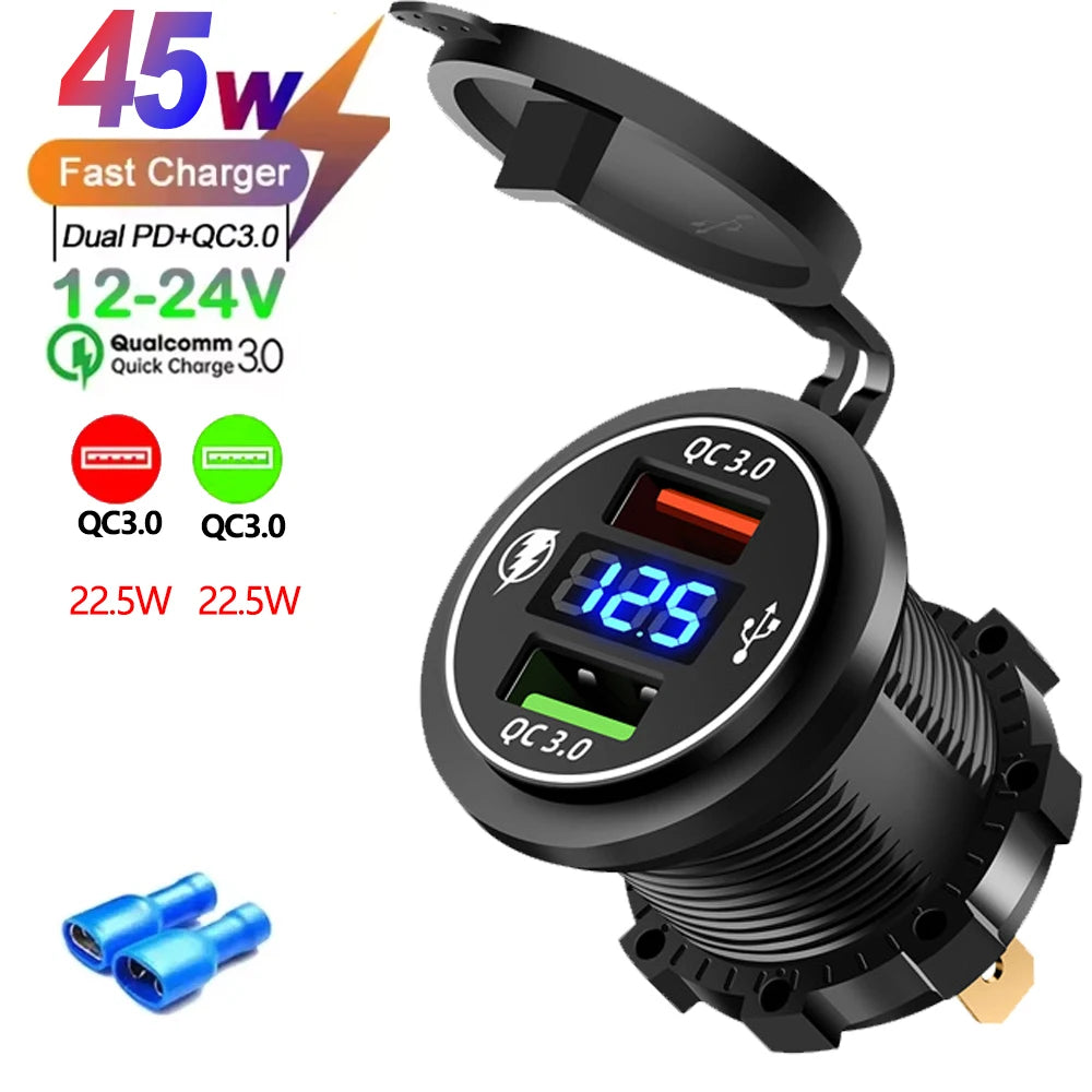 USB Car Charger 12/24V - Dual Socket PD3.0 & QC3.0 Fast Charging Station with LED Voltmeter Switch