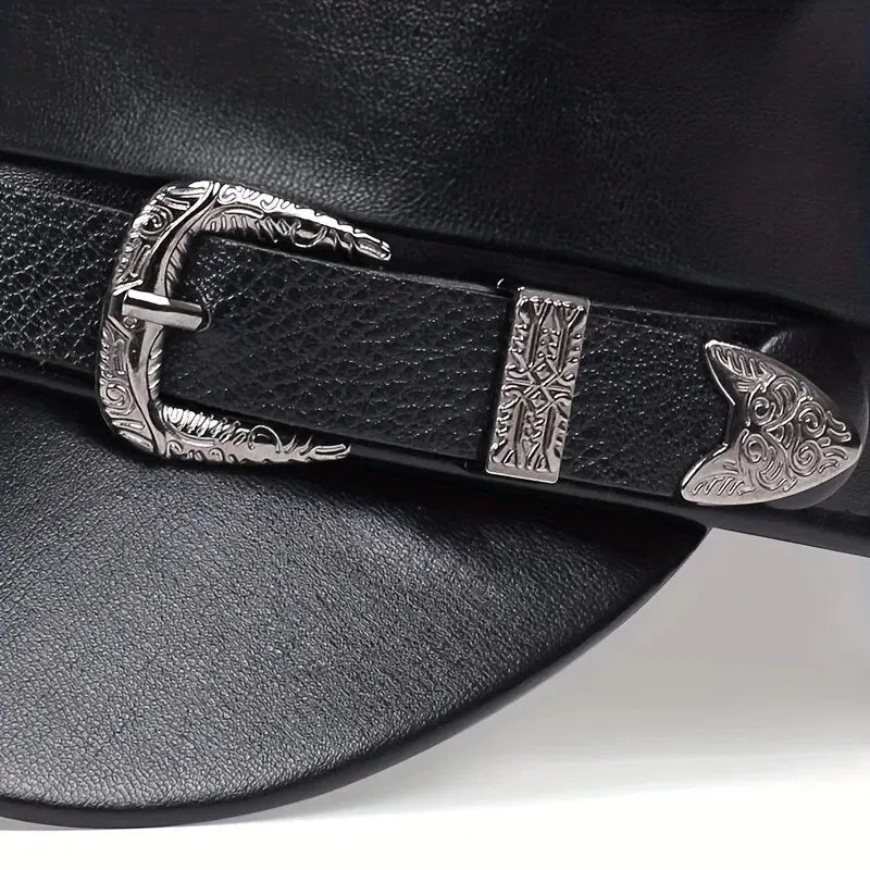 Large Buckle Leather Beret Hat - Fashion Sailor Military Cap for Women and Men