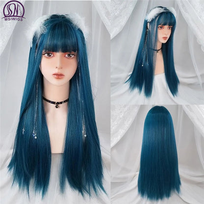 MSIWIGS Women's Synthetic Cosplay Lolita Wigs: Blue Pink Blonde Red Long Straight Hair with Cut Bangs for Party Lady Girl