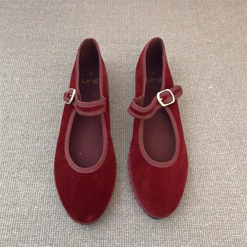 Women's Velvet Mary Jane Shoes – Hand-Stitched Ballet Flats, Casual Streetwear Loafers in Solid Colors