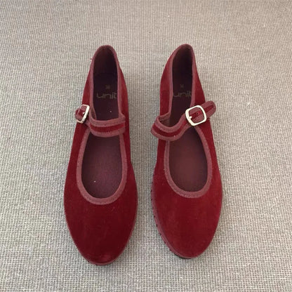 Women's Velvet Mary Jane Shoes – Hand-Stitched Ballet Flats, Casual Streetwear Loafers in Solid Colors