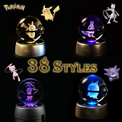 Pokemon 3D Crystal Ball Figurine — Pikachu, Gengar, Mew, Mewtwo Glass Statue with Lamp Base, Kids Birthday Gift