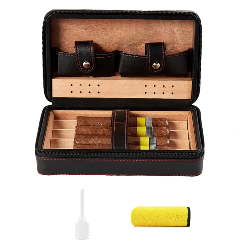 Cedarwood Cigar Case – Portable Leather Cigar Box for 4 Cigars, Humidor Kit with Humidifying Holder & Accessories