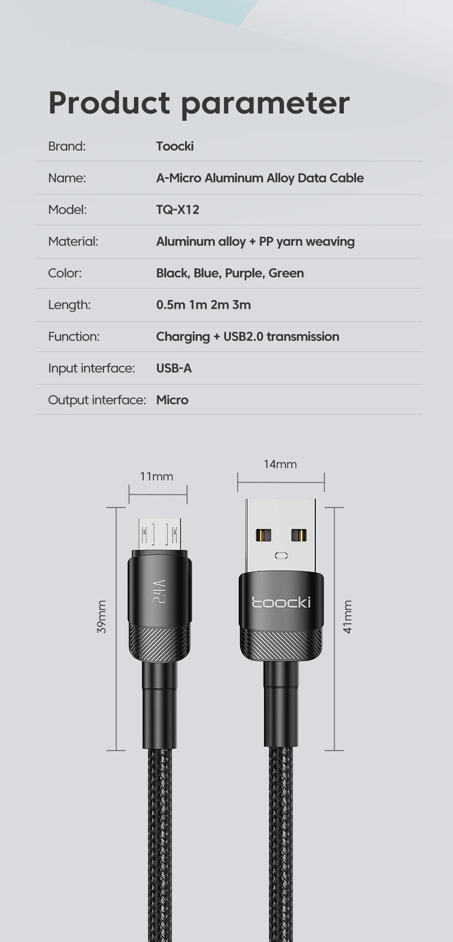 Toocki 2.4A Micro USB Cable – Fast Charging QC PD Data Cord for Samsung S6/S7, Redmi Note, Earphones, Fans