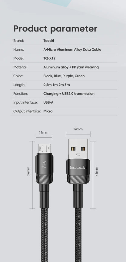 Toocki 2.4A Micro USB Cable – Fast Charging QC PD Data Cord for Samsung S6/S7, Redmi Note, Earphones, Fans