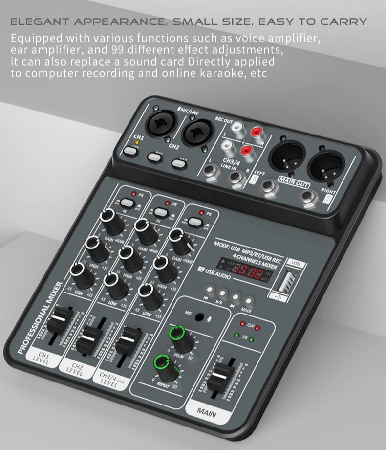 4-Channel Audio Mixer — USB Studio Mixer with 48V Phantom Power & Bluetooth for DJ & Karaoke