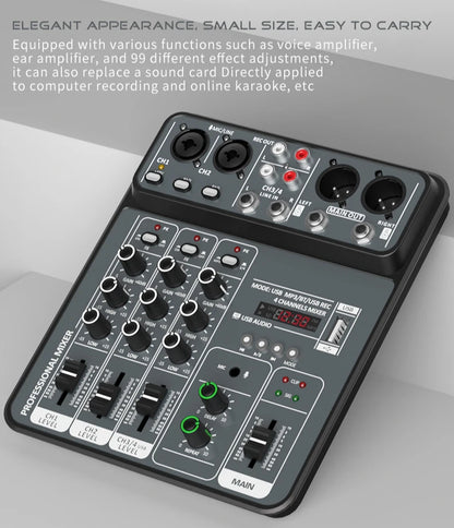 4-Channel Audio Mixer — USB Studio Mixer with 48V Phantom Power & Bluetooth for DJ & Karaoke