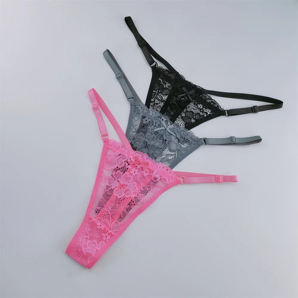 Women's Lace Thong Set - 3-Piece Low Waist Breathable Sheer G-String Lingerie