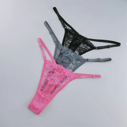 Women's Lace Thong Set - 3-Piece Low Waist Breathable Sheer G-String Lingerie