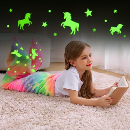 Cartoon Rainbow Unicorn Mermaid Tail Blanket — Super Soft Glow-in-the-Dark Flannel Blanket, Perfect Gift for Girls
