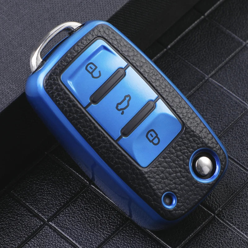 TPU Leather Car Key Case - Compatible with Volkswagen VW Bora, Polo, Tiguan, Jetta, Passat B5 B6 B7, Golf 5 6, Beetle, Skoda Octavia