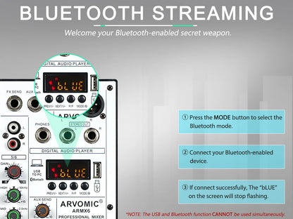 ARVOMIC 6 Channel DJ Audio Mixer – USB Interface, Bluetooth, 16 DSP Effects, 3-Band EQ (ARMX-6)