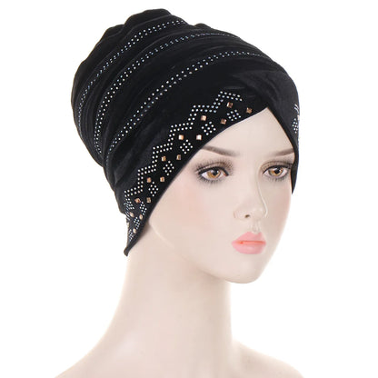 Women’s Glitter Diamond Turban Cap - Soft Velvet Pleated Head Wrap Muslim Headscarf Bonnet Beanie Cap