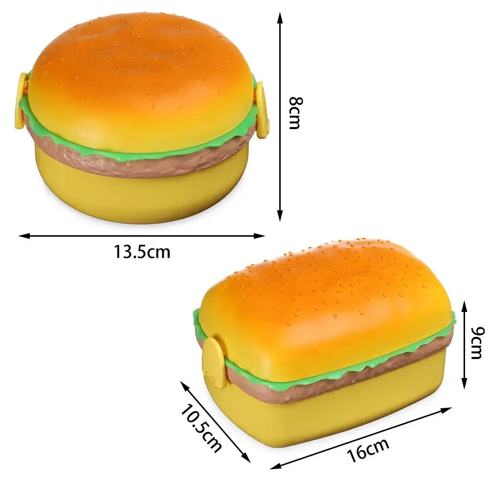 Cute Double Tier Hamburger Lunch Box - Microwaveable Bento Box for Children's School Meals with Fork Tableware Set