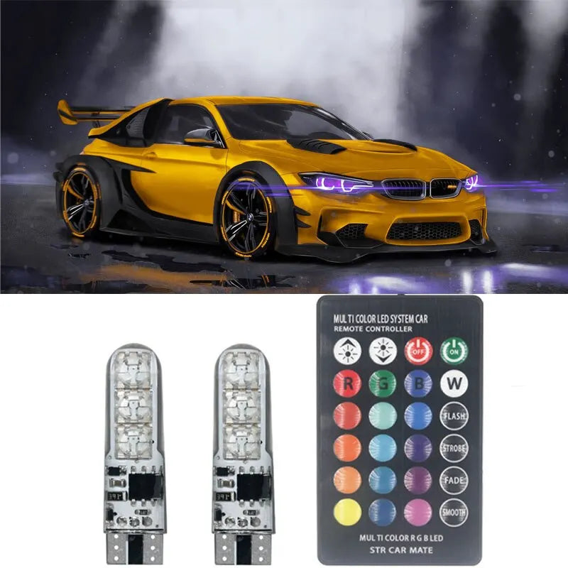 1SET T10 W5W RGB LED Bulb 12SMD 5050 CANbus - 194 168 Car Wedge Light with Remote Controller, Flash Reading, Clearance Lights