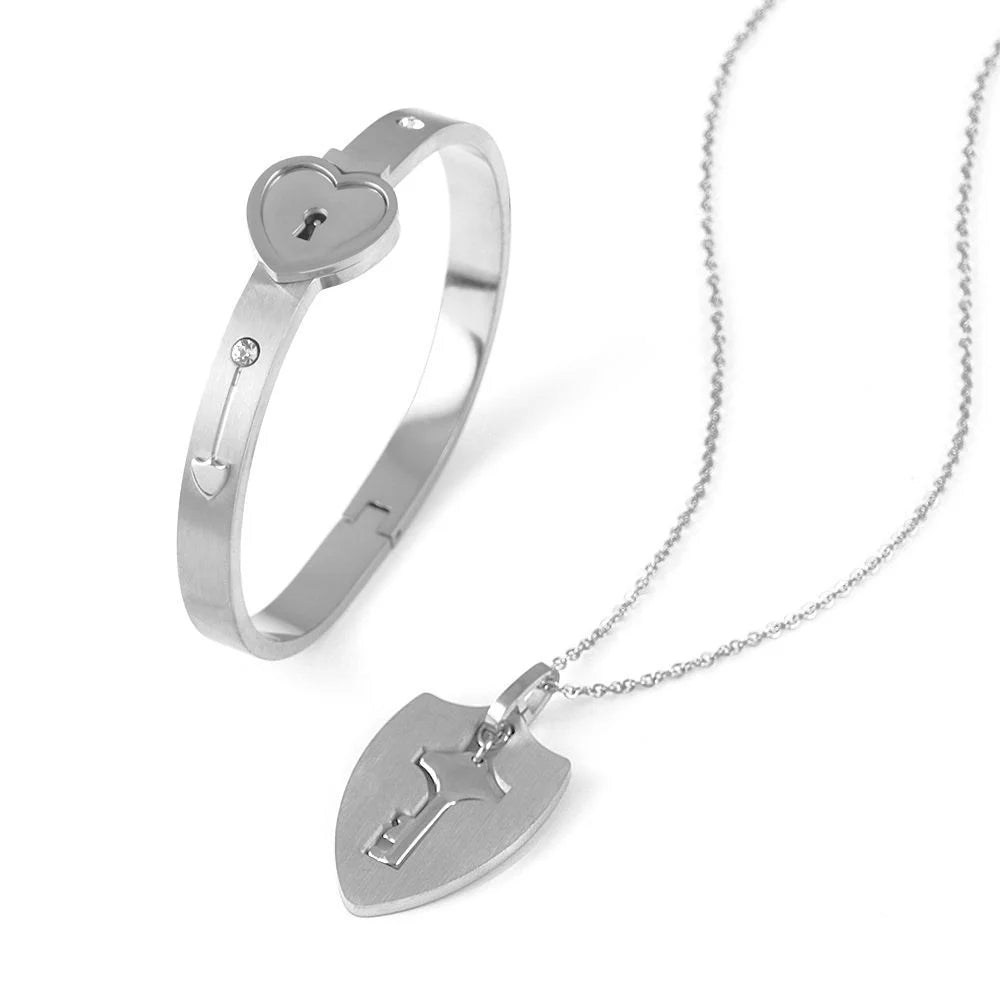 Couple Stainless Steel Love Lock Bracelet with Key Pendant Necklace – Romantic Jewelry Gift for Men and Women