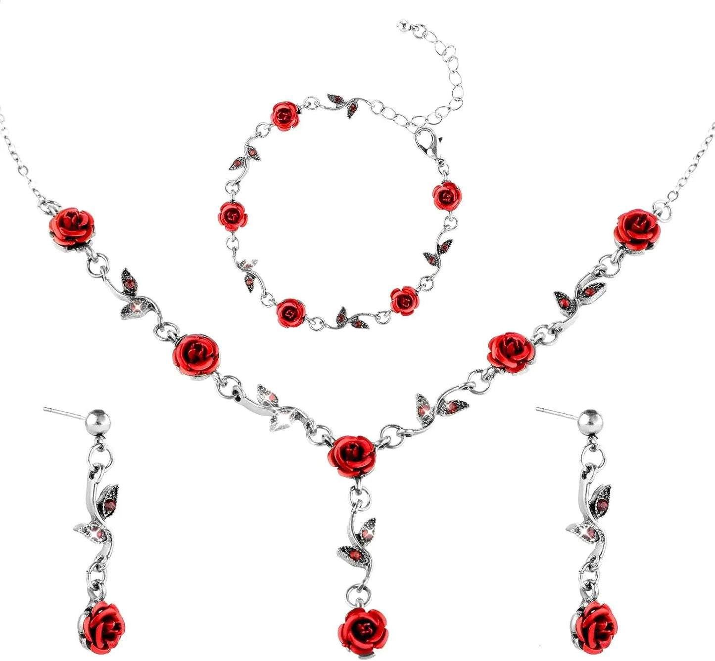 3-Piece Red Rose Jewelry Set - Flower Necklace, Bracelet & Dangle Earrings for Weddings, Valentine's Day & Birthdays