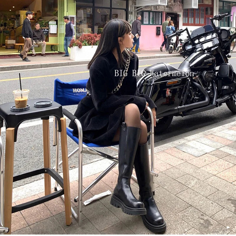 Platform Women's Knight Long Boots – Fashionable Warm Fur Knee-High Booties with Square Heels for Autumn & Winter