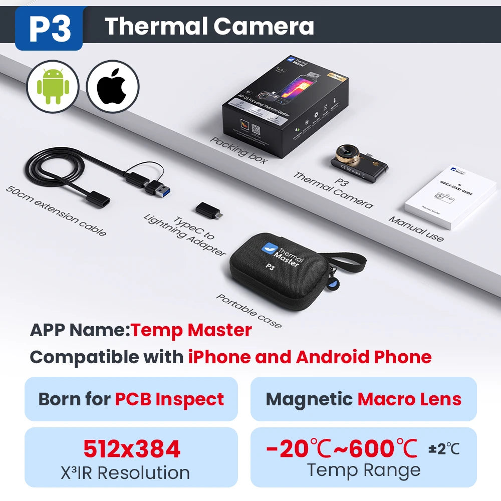 P3 Thermal Camera - 512×384 X³IR Macro Thermal Imager for iPhone & Android PCB Repair up to 600°C